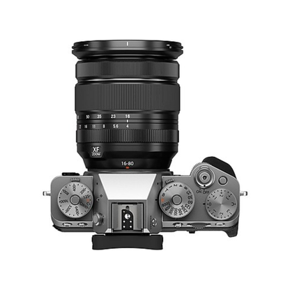 Fujifilm X-T5 mirrorless camera with 16-80mm zoom lens front angled view