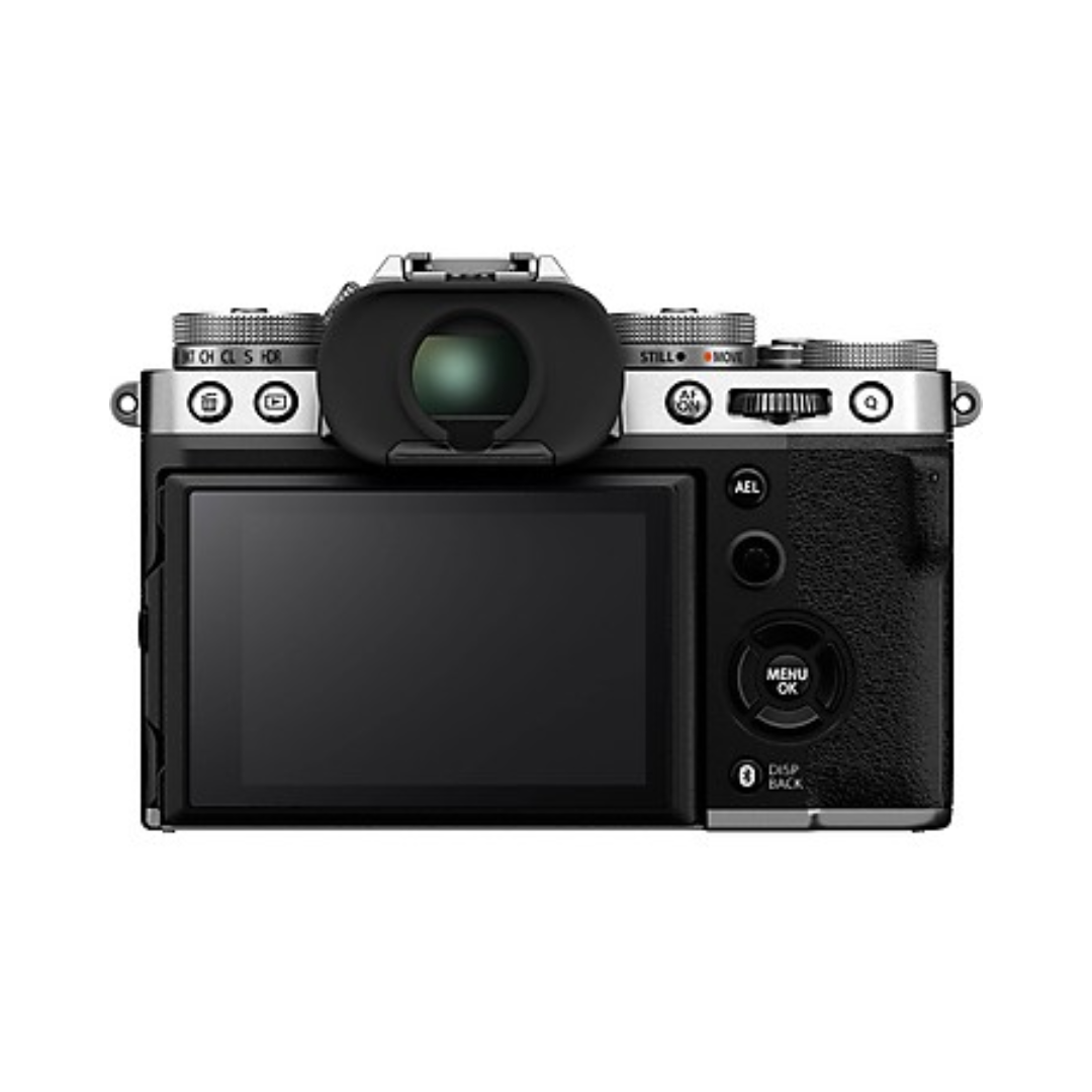 Fujifilm X-T5 mirrorless camera with 16-80mm zoom lens front angled view