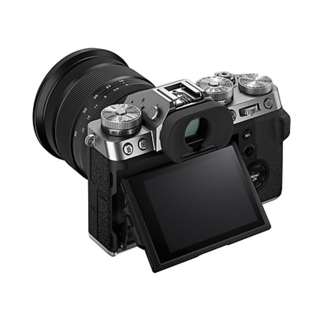 Fujifilm X-T5 mirrorless camera with 16-80mm zoom lens front angled view