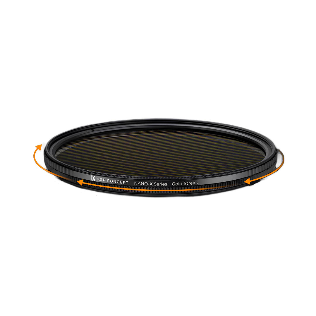 K&F Gold Streak Light Flare Filter 82MM creating cinematic golden streak effect on lights
