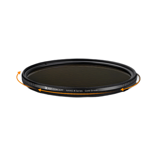K&F Gold Streak Light Flare Filter 82MM creating cinematic golden streak effect on lights