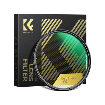 K&F Gold Streak Light Flare Filter 82MM creating cinematic golden streak effect on lights