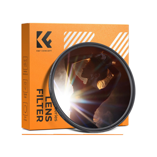 K&F Concept 82mm colorful starlight filter creating vibrant starburst light effects on lens