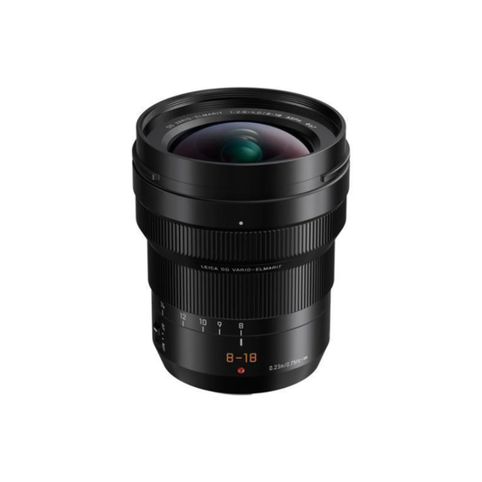 Panasonic Leica DG Vario-Elmarit 8–18mm f/2.8–4.0 ASPH ultra-wide angle zoom lens designed for landscape, architecture, and travel photography