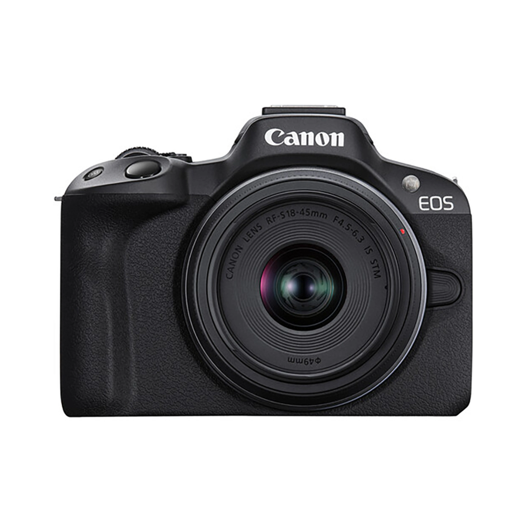 Used Canon EOS R50 mirrorless camera with RF-S 18-45mm and 55-210mm lens kit black color front view