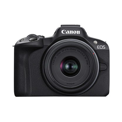 Used Canon EOS R50 mirrorless camera with RF-S 18-45mm and 55-210mm lens kit black color front view