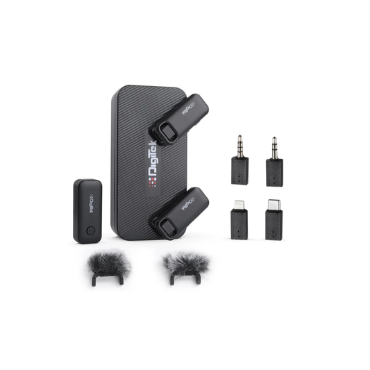 UNBOXED Digitek DWM-106 2-in-1 wireless microphone system for video recording and content creation available at Camera Club