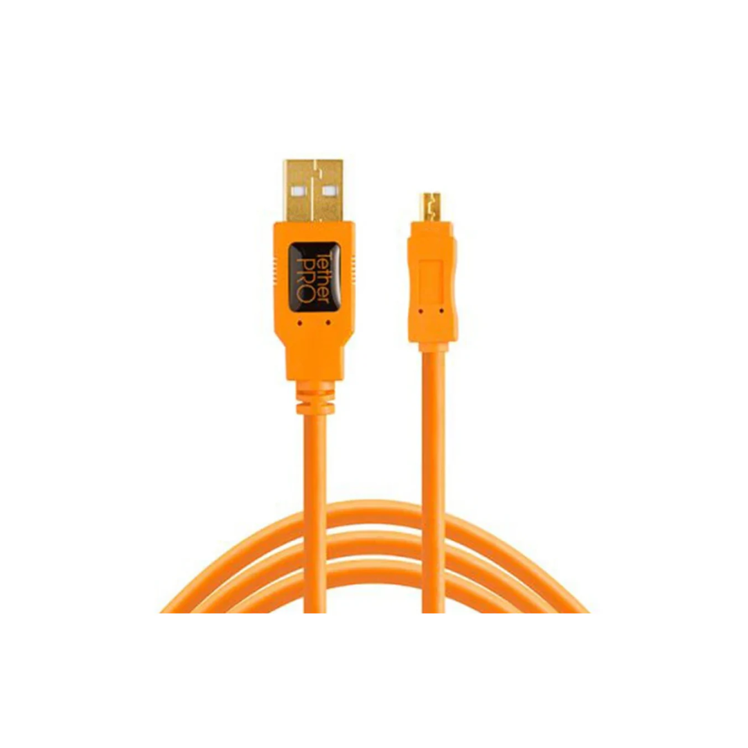 TetherPro USB 2.0 to Mini-B 5-Pin camera tether cable in high-visibility orange for photography and data transfer.