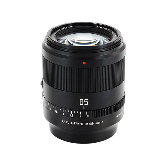 SG-Image 85mm F1.8 X-Mount full frame portrait lens for Fujifilm cameras showcasing compact design and metal build