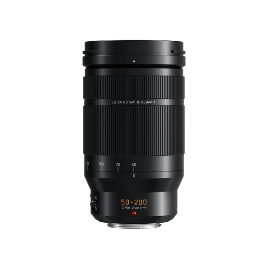 Panasonic Leica DG Vario-Elmarit 50-200mm F2.8-4.0 ASPH Power O.I.S. Micro Four Thirds telephoto zoom lens featuring professional-grade optics, macro capability, and image stabilization for wildlife and sports photography.