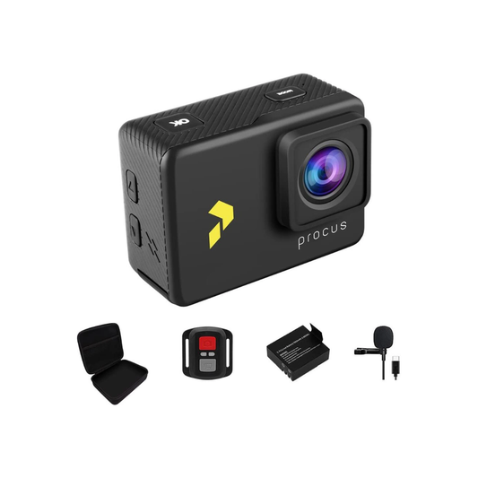 Unboxed PROCUS Rush 3.0 action camera with 24MP photo resolution, 4K 30fps video recording and full pack accessories.