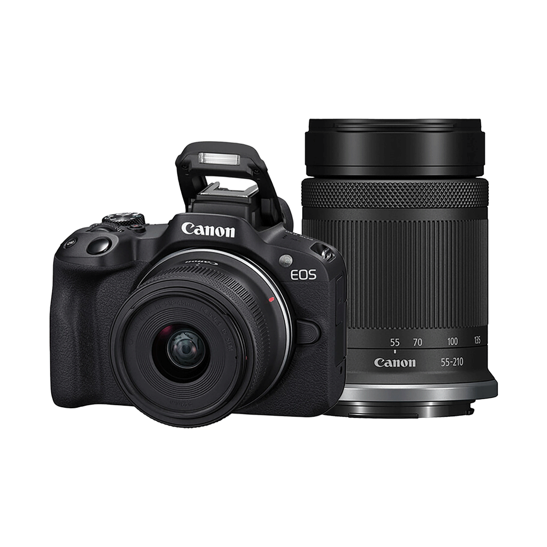Used Canon EOS R50 mirrorless camera with RF-S 18-45mm and 55-210mm lens kit black color front view