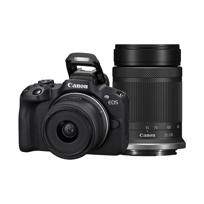 Used Canon EOS R50 mirrorless camera with RF-S 18-45mm and 55-210mm lens kit black color front view