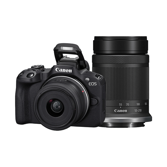 Used Canon EOS R50 mirrorless camera with RF-S 18-45mm and 55-210mm lens kit black color front view