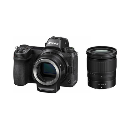 Unboxed Nikon Z7 mirrorless camera with 24-70mm lens and mount adapter, available at Camera Club.