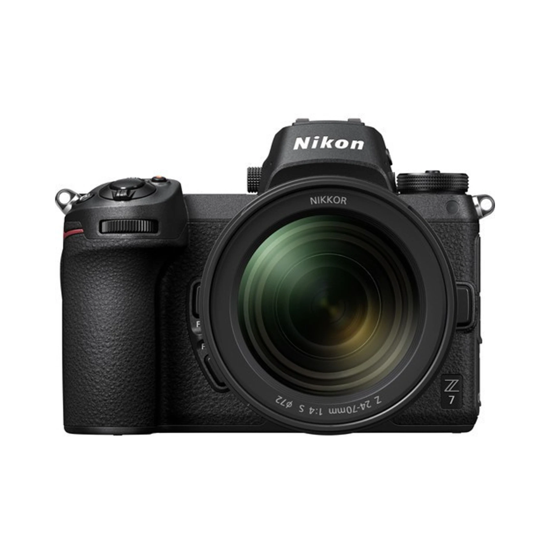 Unboxed Nikon Z7 mirrorless camera with 24-70mm lens and mount adapter, available at Camera Club.