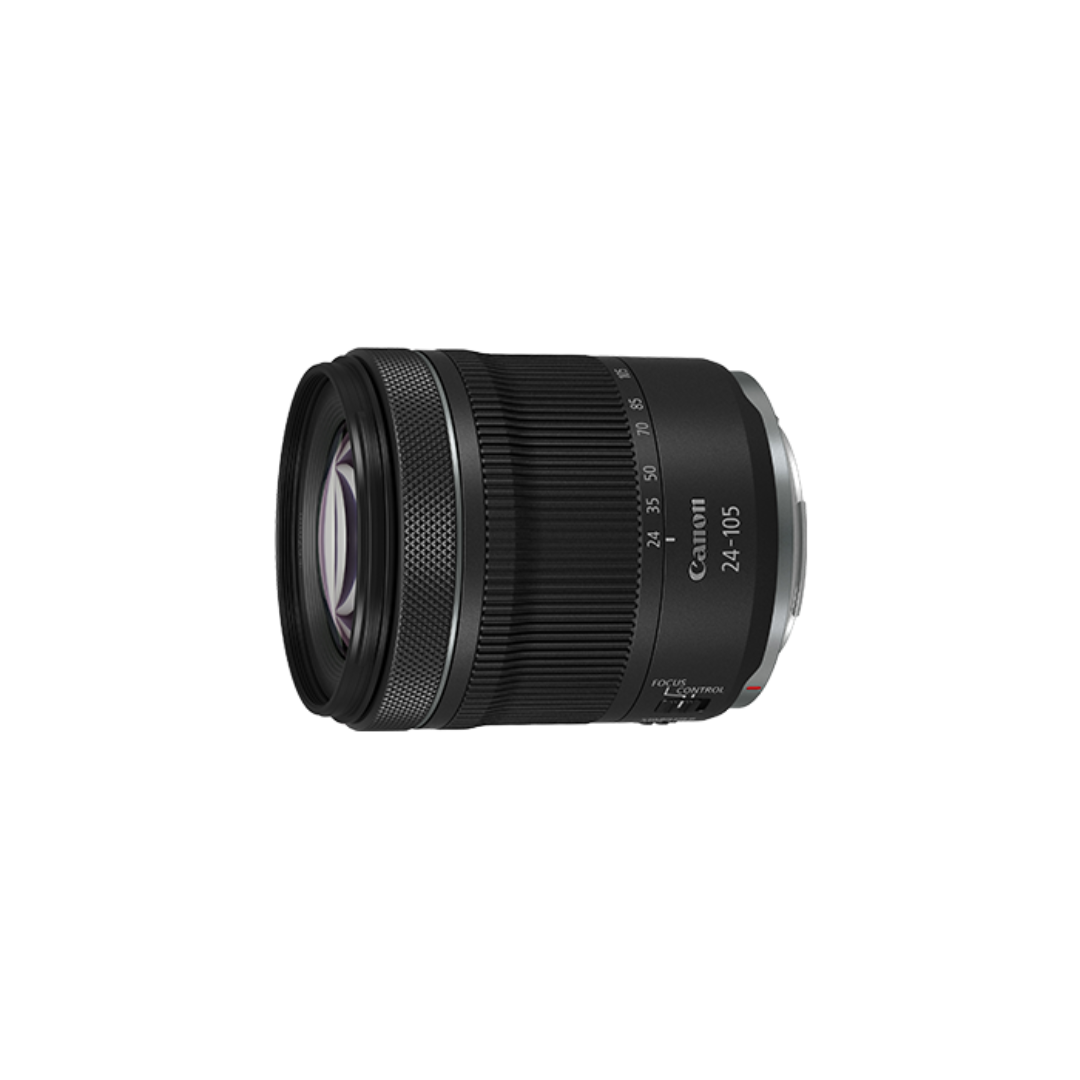 Canon RF 24-105mm F/4-7.1 IS STM standard zoom lens available for rent at Camera Club, ideal for travel, portraits, landscapes, and everyday photography.