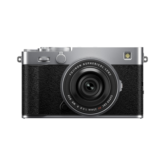 Fujifilm X-E5 silver mirrorless camera with 23mm lens front view