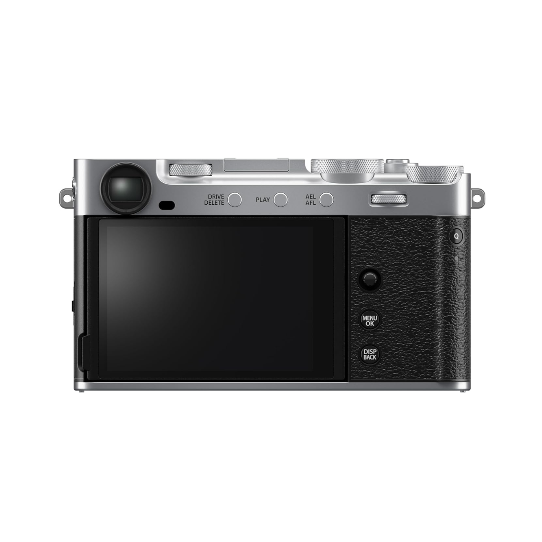 Fujifilm X-E5 silver mirrorless camera with 23mm lens front view