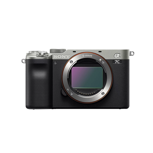 Used Sony Alpha ILCE-7C full-frame mirrorless camera body in silver displayed from front angle
