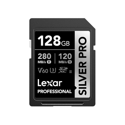 128GB Lexar Professional Silver Pro SDXC UHS-II memory card with 280MB/s read and 120MB/s write speeds, C10 V60 U3 for 4K video and photography

