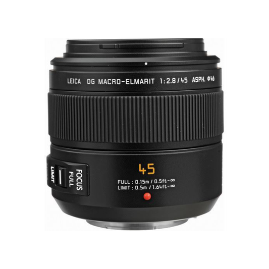 Panasonic Leica DG Macro-Elmarit 45mm f/2.8 ASPH O.I.S Macro Lens designed for Micro Four Thirds cameras, ideal for high-precision macro photography with optical image stabilization