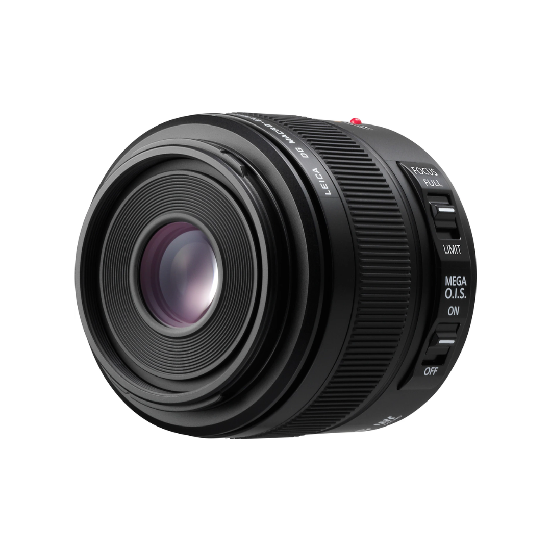 Panasonic Leica DG Macro-Elmarit 45mm f/2.8 ASPH O.I.S Macro Lens designed for Micro Four Thirds cameras, ideal for high-precision macro photography with optical image stabilization