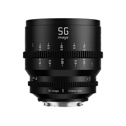SG Image 75mm T1.4 cinema lens for full-frame cameras with cine gear design and manual focus control available at Camera Club