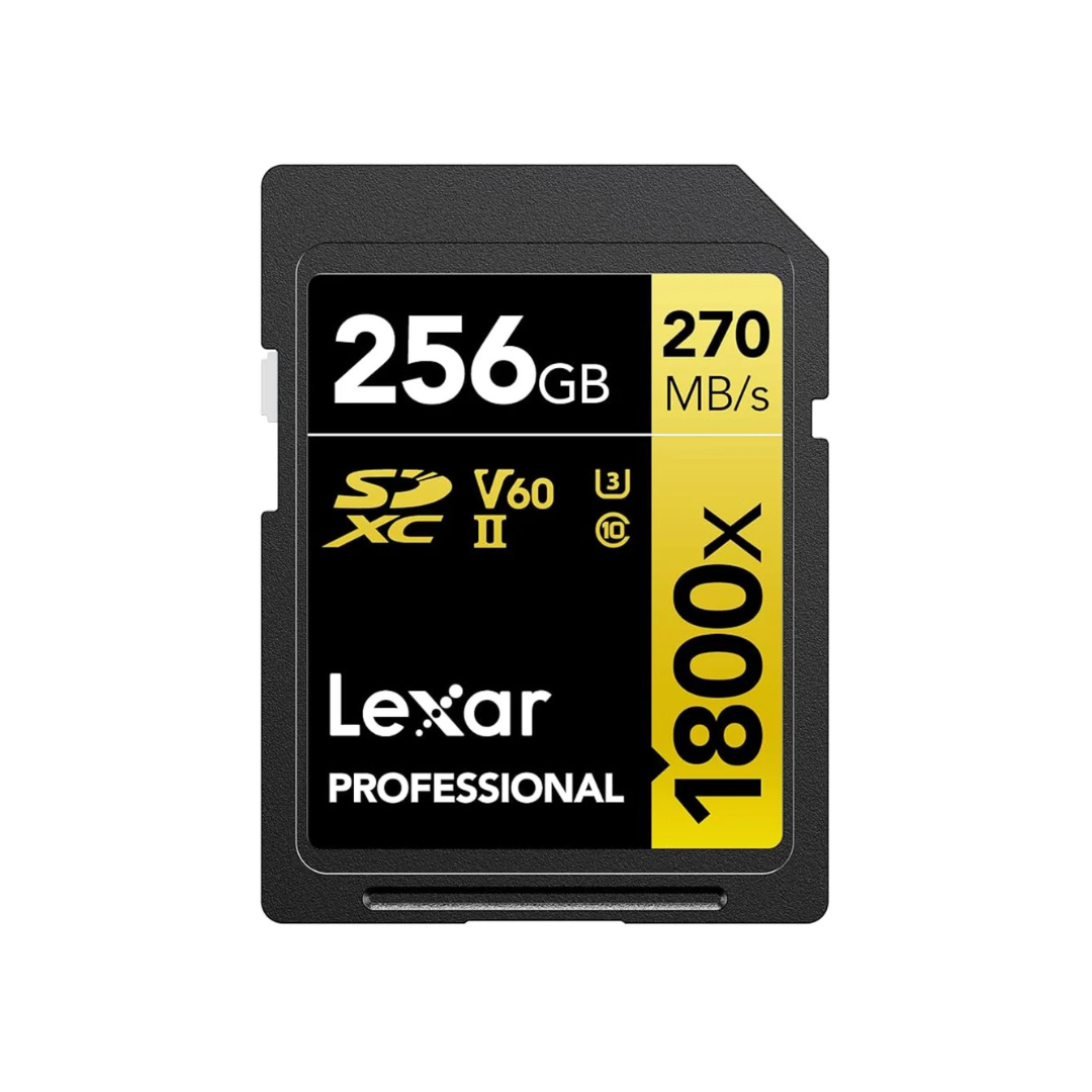 256GB Lexar Professional 1800x SDXC UHS-II memory card with 280MB/s read and 210MB/s write speed