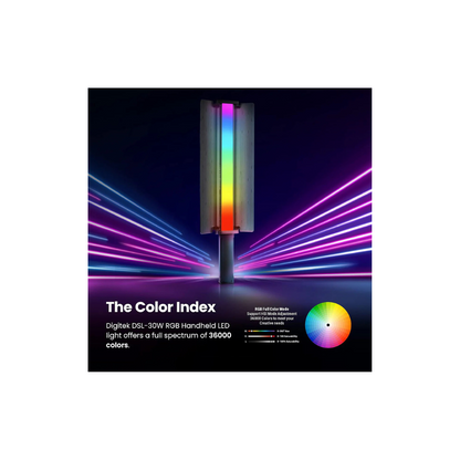 Digitek (DSL-30W RGB) Portable Handheld RGB LED Light Wand with Grid, Diffuser & Barn Door Comes with a 5200mAh Built in Battery Pack.