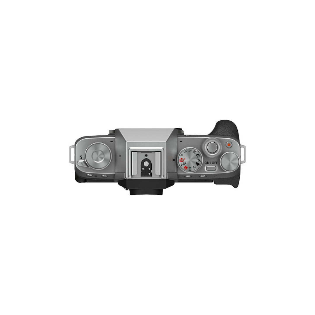 Fujifilm X-T200 mirrorless camera with flip screen, silver body, ideal for vlogging and photography – available at Camera Club India.
