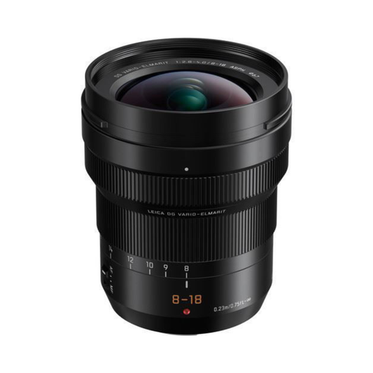 Panasonic Leica DG Vario-Elmarit 8–18mm f/2.8–4.0 ASPH ultra-wide angle zoom lens designed for landscape, architecture, and travel photography