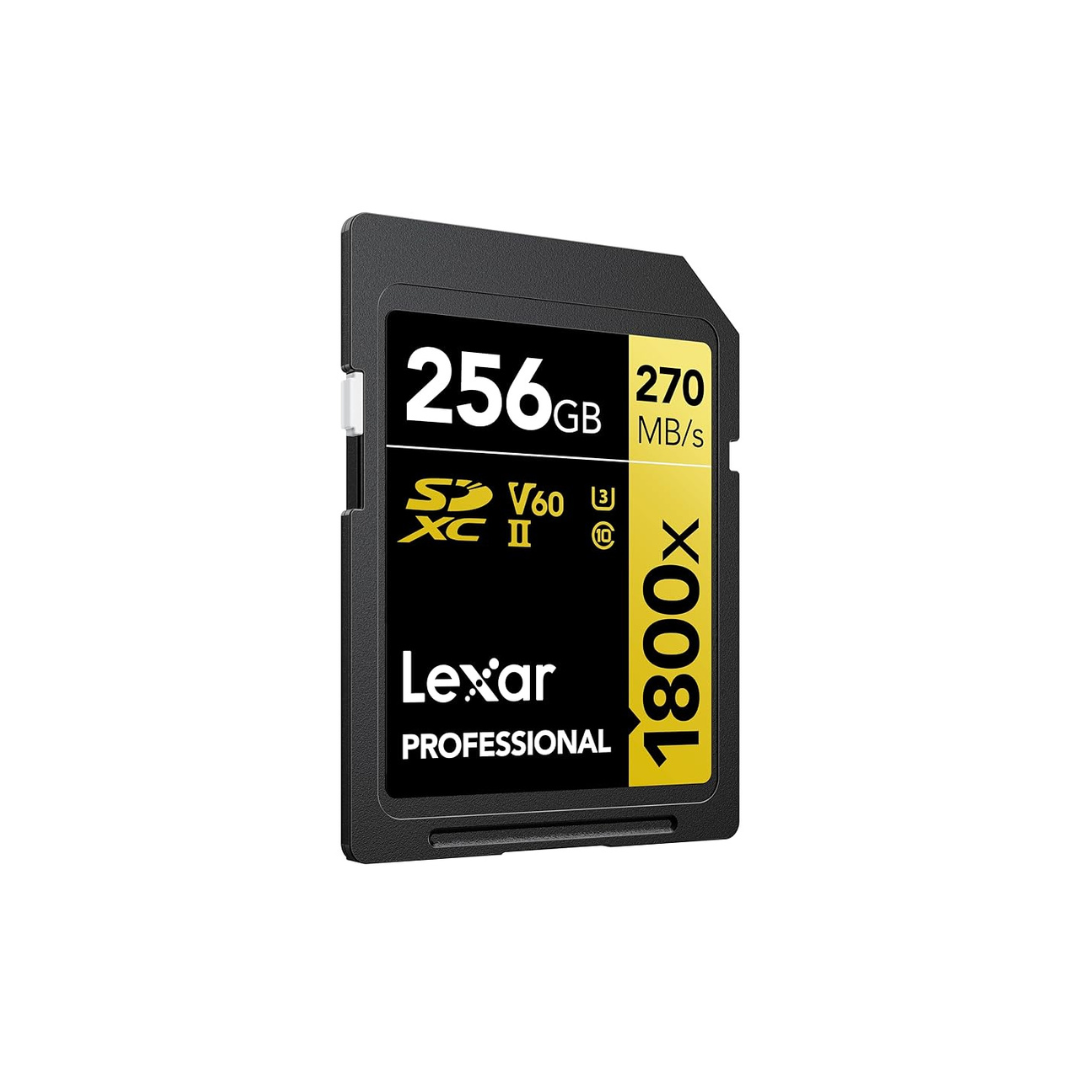 256GB Lexar® Professional 1800x SDXC™ UHS-II cards, up to 280MB/s read 210MB/s write C10 V60 U3