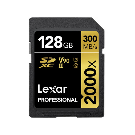 128GB Lexar® Professional 2000x SDXC™ UHS-II cards, up to 300MB/s read 260MB/s write C10 V90 U3