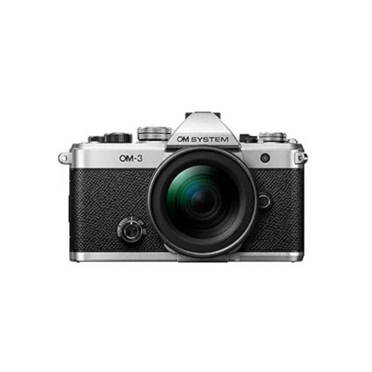 Olympus OM-3 film camera with 12-45mm lens kit – front view