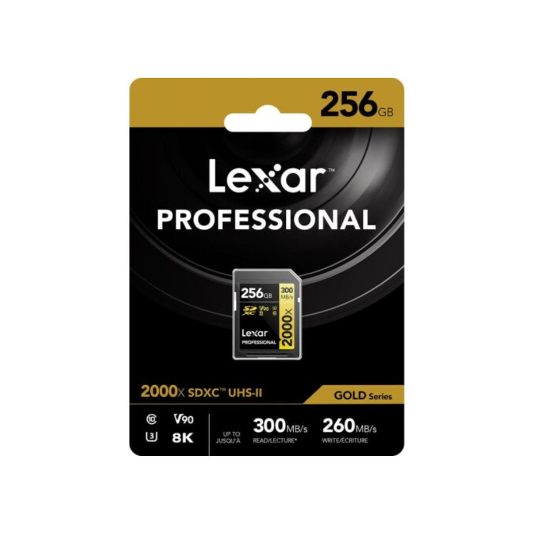 Lexar Professional Gold V90 2000x SDXC UHS-II memory card for high-speed photography and 4K 8K video recording