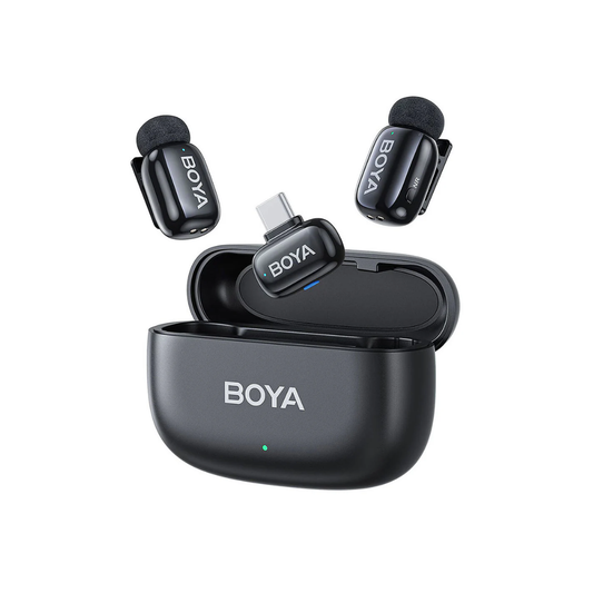 BOYA Mini-14 wireless microphone system with compact transmitter and receiver for smartphone and camera recording