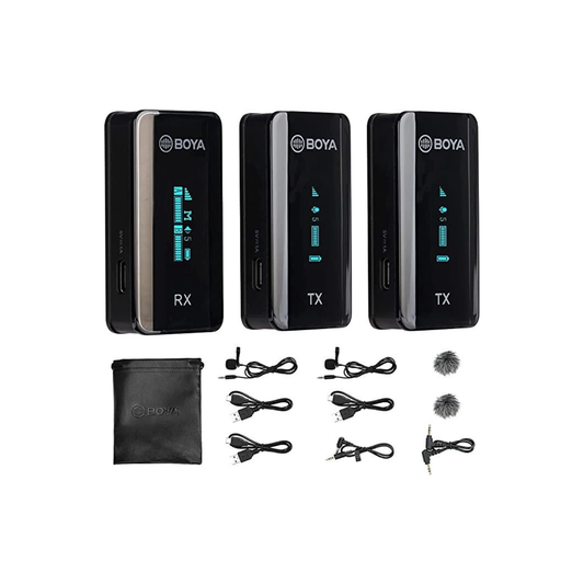 BOYA Mini-14 wireless microphone system with compact transmitter and receiver for smartphone and camera recording