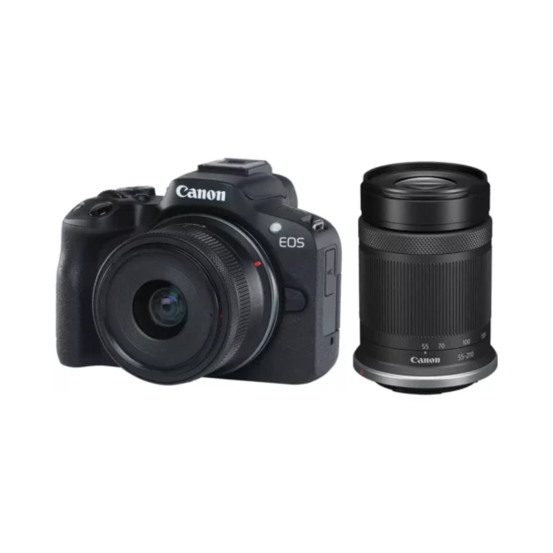 Canon EOS R50 mirrorless camera with RF-S 18-45mm and 55-210mm IS STM dual lens kit