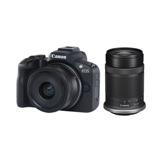 Canon EOS R50 mirrorless camera with RF-S 18-45mm and 55-210mm IS STM dual lens kit
