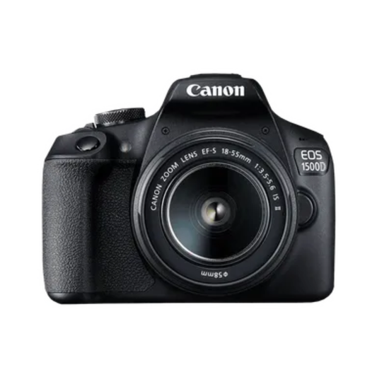 Canon EOS 1500D DSLR camera with EF-S 18-55mm IS II lens black body front view