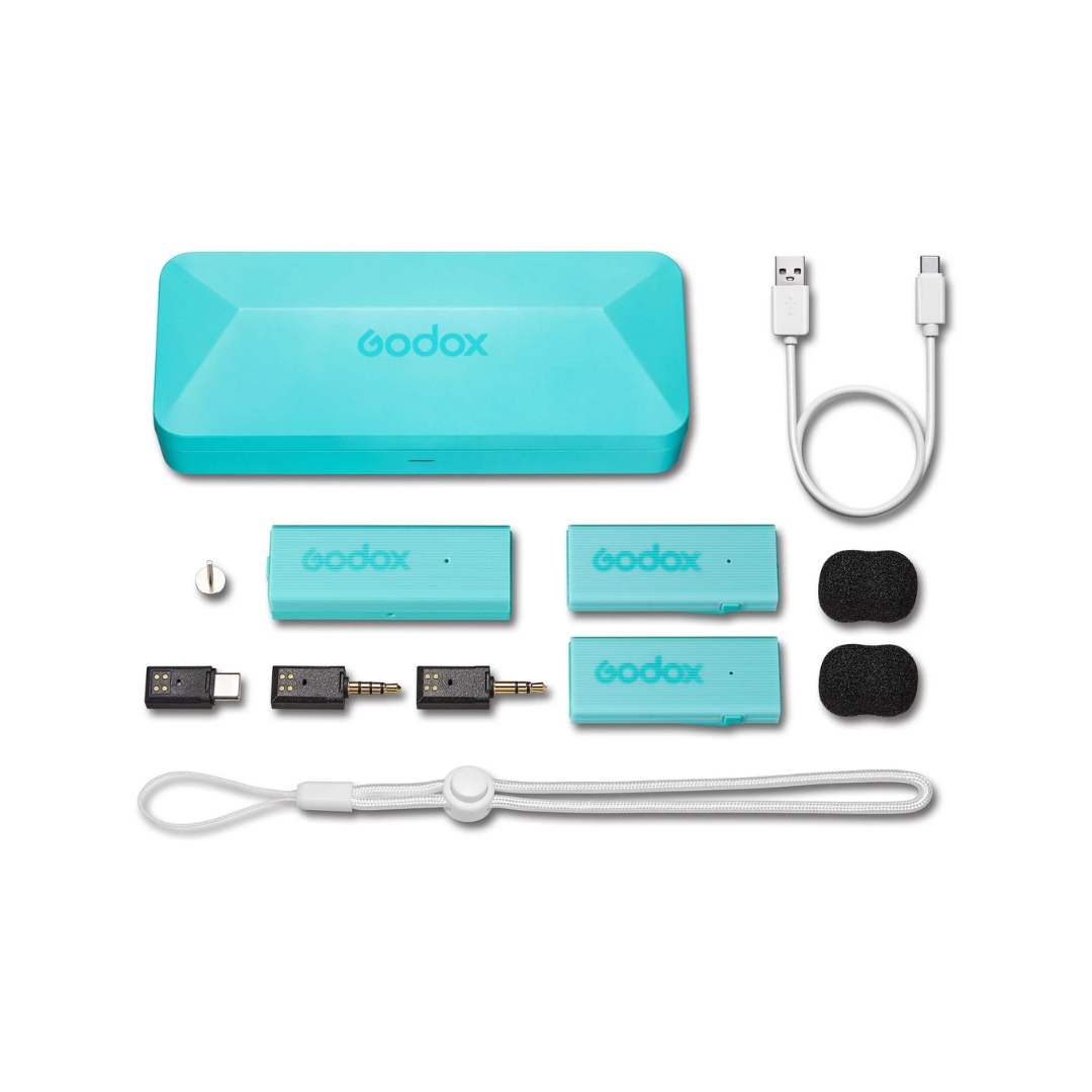 Godox MoveLink Mini UC Kit 2 wireless microphone system with dual transmitters and USB-C receiver for smartphones and cameras