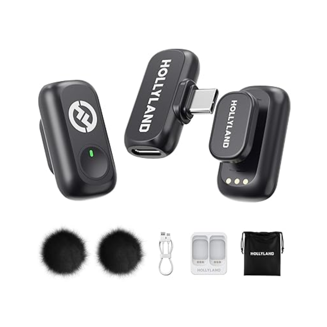 Hollyland LARK A1 wireless microphone system with compact transmitter and receiver for clear audio recording