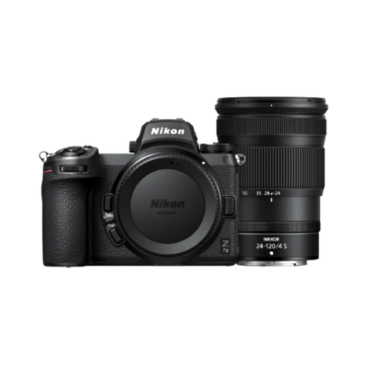 Nikon Z7 II mirrorless camera body bundled with 24-70mm zoom lens kit, ideal for professional photography and high-resolution imaging.