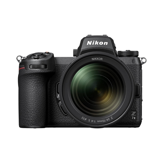 Nikon Z7 II mirrorless camera body bundled with 24-70mm zoom lens kit, ideal for professional photography and high-resolution imaging.
