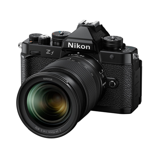 Nikon Z f Mirrorless Camera with Nikon NIKKOR Z 24-70mm f/4 S Lens front view showing full-frame design and zoom lens kit
