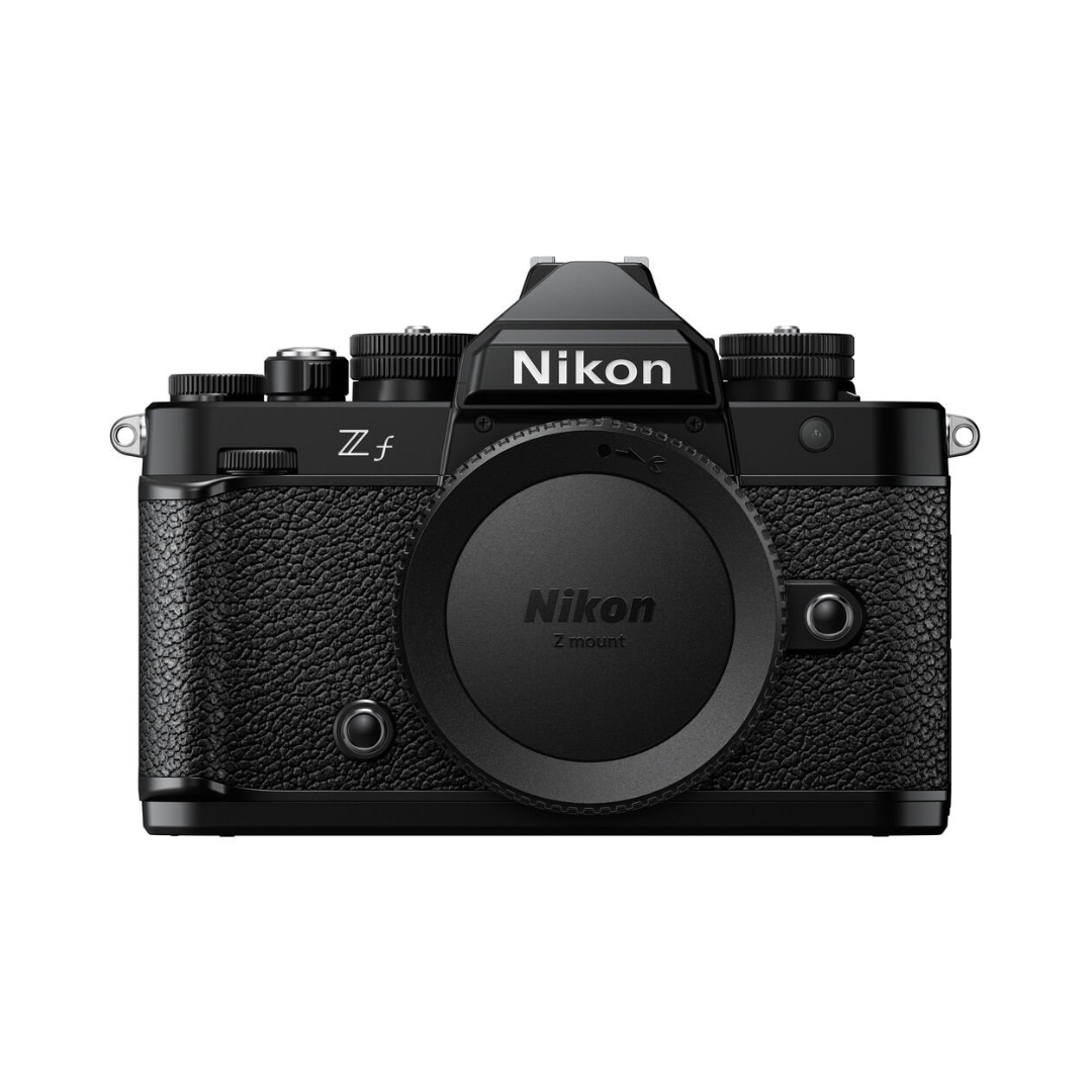 Nikon Z f Mirrorless Camera with Nikon NIKKOR Z 24-70mm f/4 S Lens front view showing full-frame design and zoom lens kit