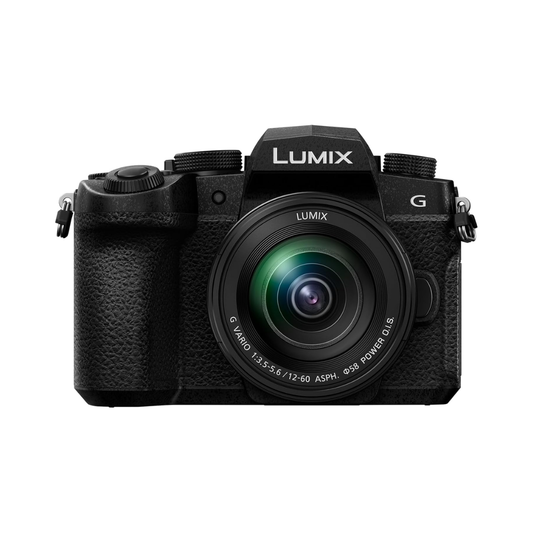 Panasonic Lumix DC-G97MGW mirrorless camera with 12-60mm F3.5-5.6 lens front view