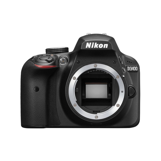 Used Nikon D3400 DSLR camera body front view with 24.2MP sensor compact lightweight design