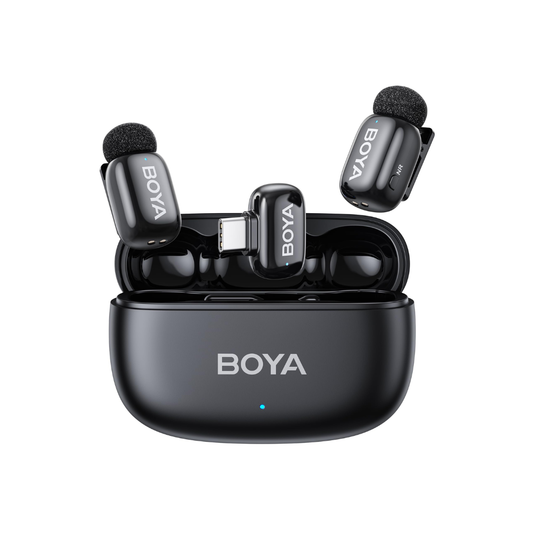 BOYA Mini 2 compact wireless microphone system with dual transmitters and receiver for mobile video recording